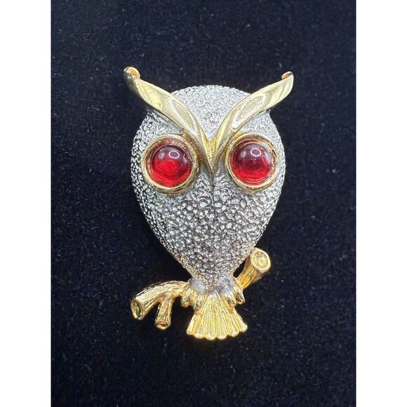 Vintage Perched Owl Brooch Pin Gold and Silver Tone Red Glass Cabochon Eyes - Picture 1 of 10